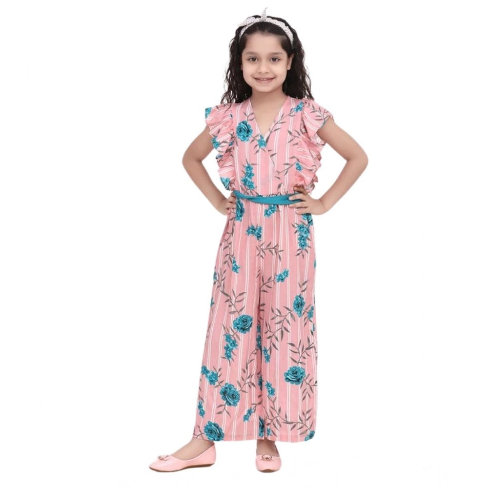 HamariDookan Girl's Rayon Floral Flutter Jumpsuit (Pink-Blue)