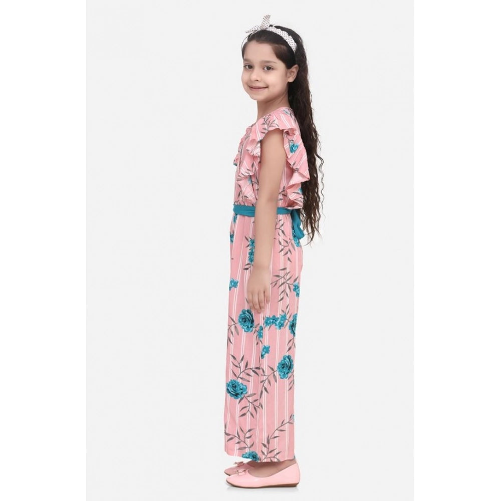 HamariDookan Girl's Rayon Floral Flutter Jumpsuit (Pink-Blue)