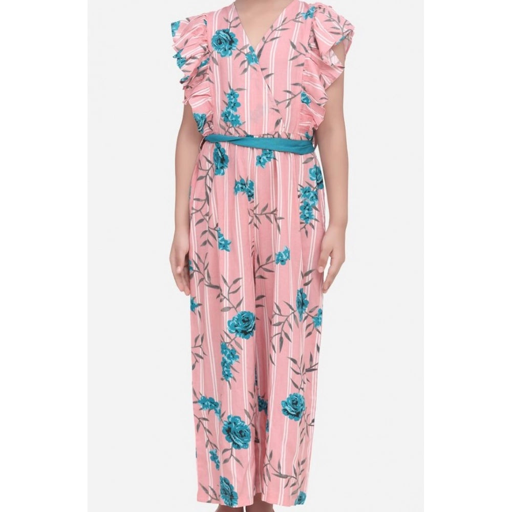HamariDookan Girl's Rayon Floral Flutter Jumpsuit (Pink-Blue)