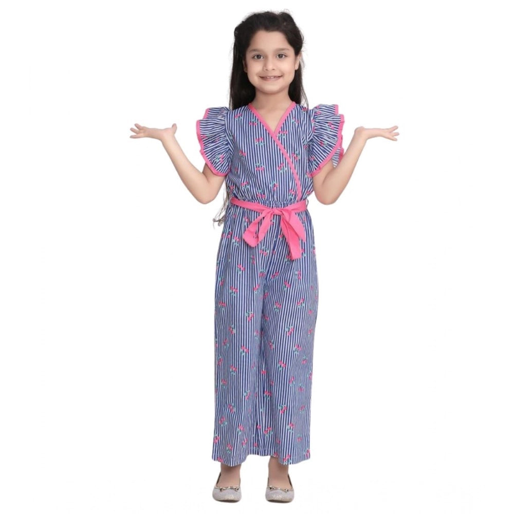 HamariDookan Girl's Cotton Striped Flutter Jumpsuit (Blue-Pink)