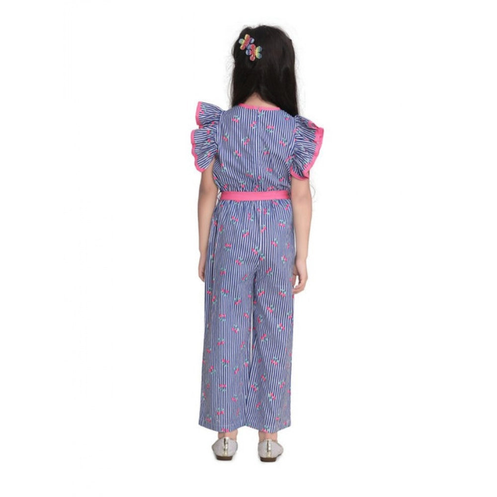 HamariDookan Girl's Cotton Striped Flutter Jumpsuit (Blue-Pink)