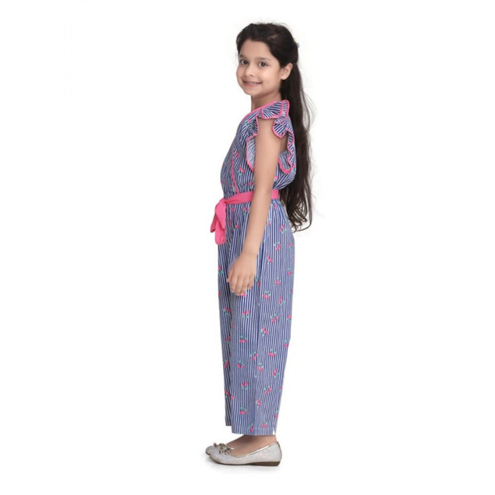 HamariDookan Girl's Cotton Striped Flutter Jumpsuit (Blue-Pink)