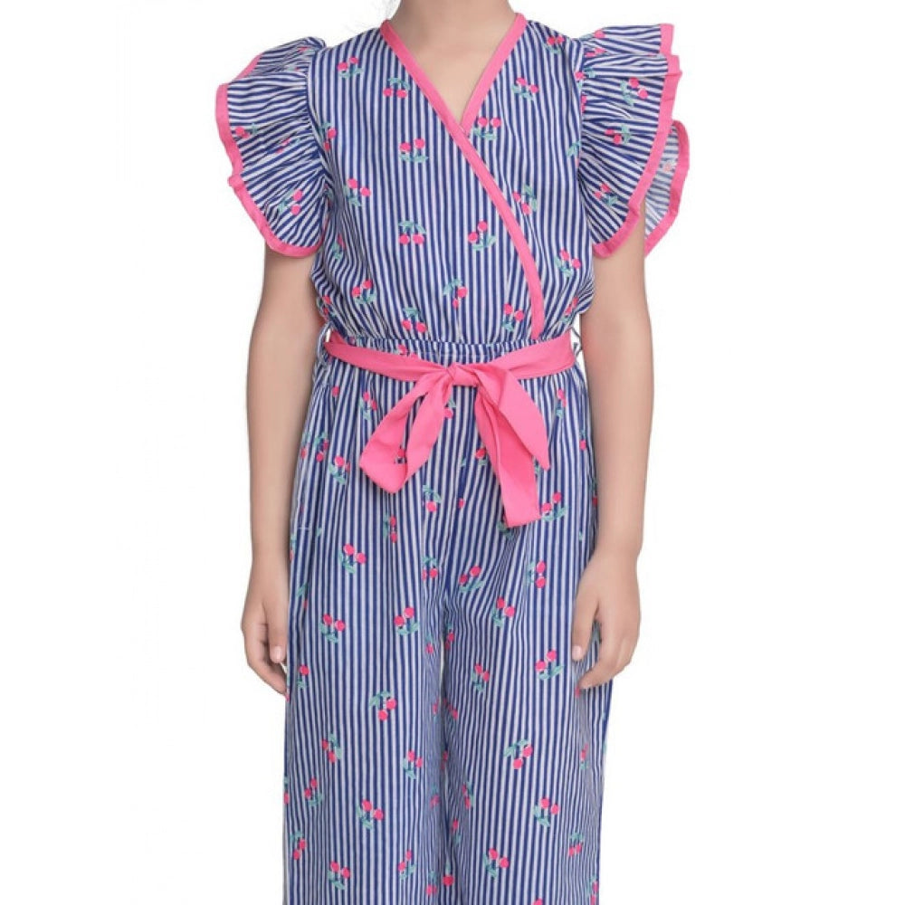 HamariDookan Girl's Cotton Striped Flutter Jumpsuit (Blue-Pink)