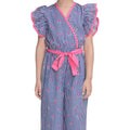 HamariDookan Girl's Cotton Striped Flutter Jumpsuit (Blue-Pink)
