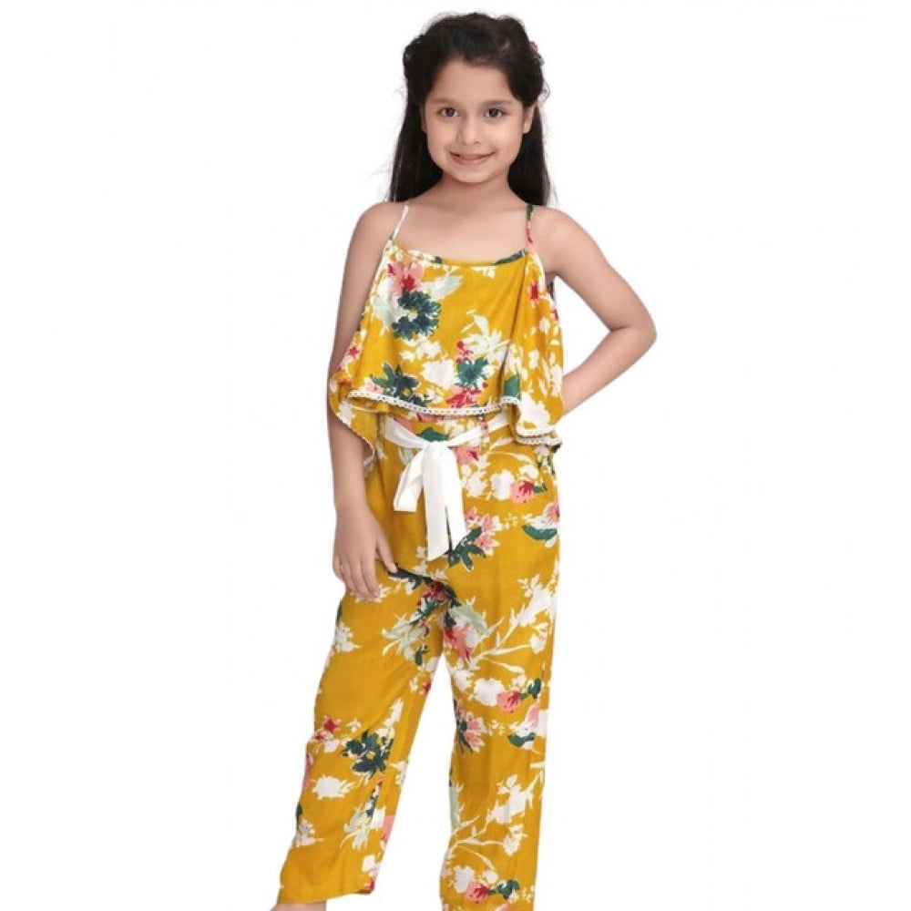 HamariDookan Girl's Rayon Floral Shoulder Straps Jumpsuit (Mustard)