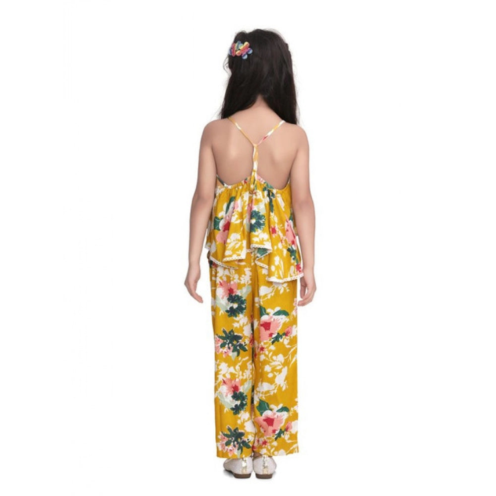 HamariDookan Girl's Rayon Floral Shoulder Straps Jumpsuit (Mustard)