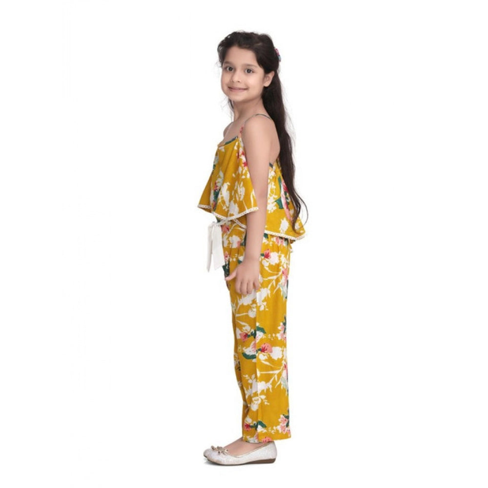 HamariDookan Girl's Rayon Floral Shoulder Straps Jumpsuit (Mustard)