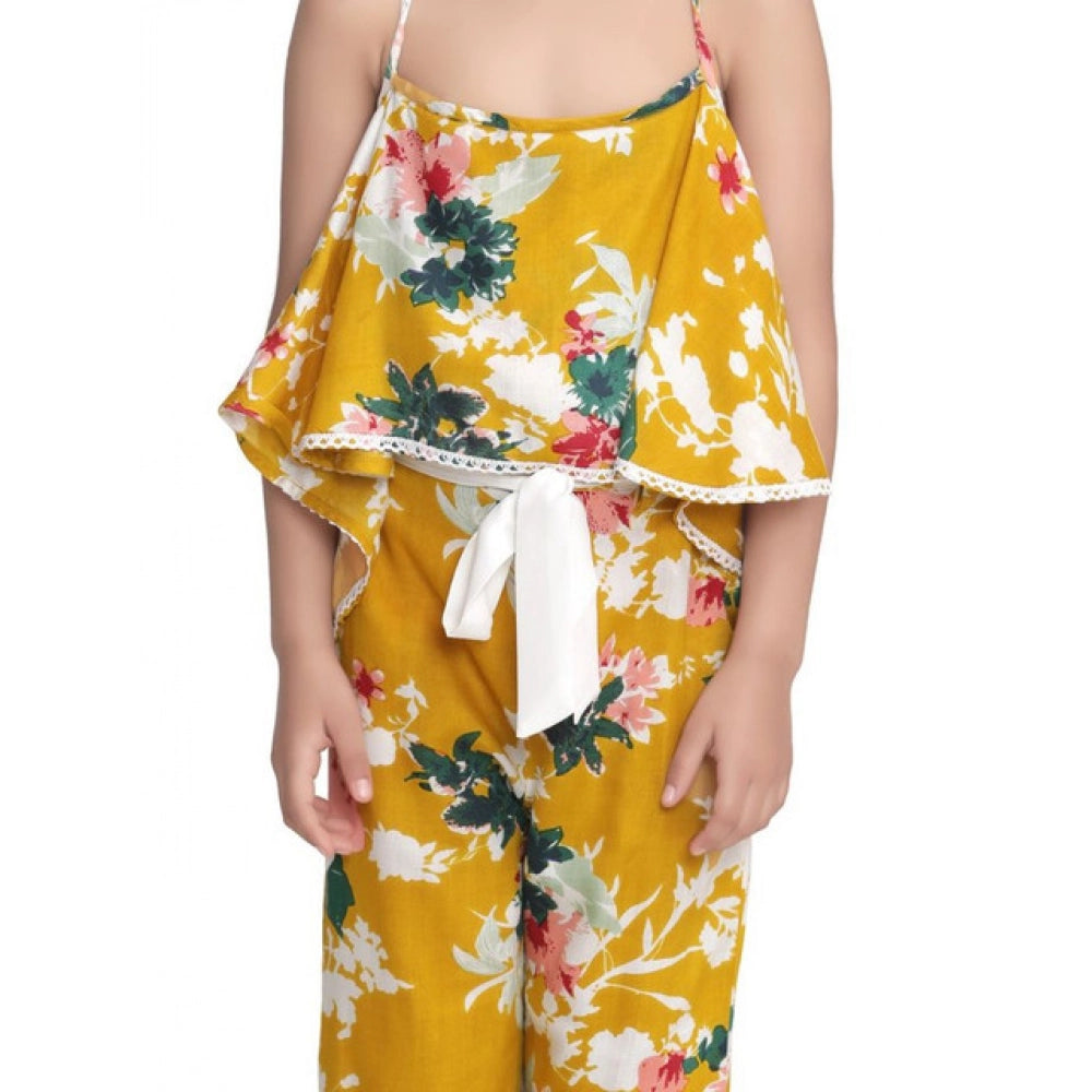 HamariDookan Girl's Rayon Floral Shoulder Straps Jumpsuit (Mustard)