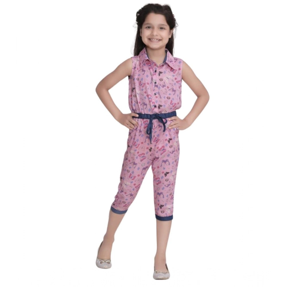 HamariDookan Girl's Cotton Printed Sleeveless Jumpsuit (Pink)