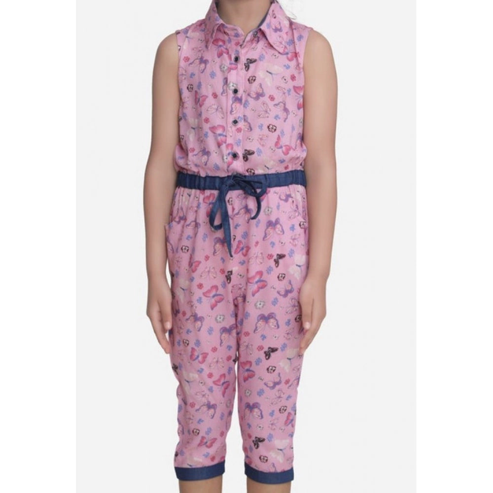 HamariDookan Girl's Cotton Printed Sleeveless Jumpsuit (Pink)
