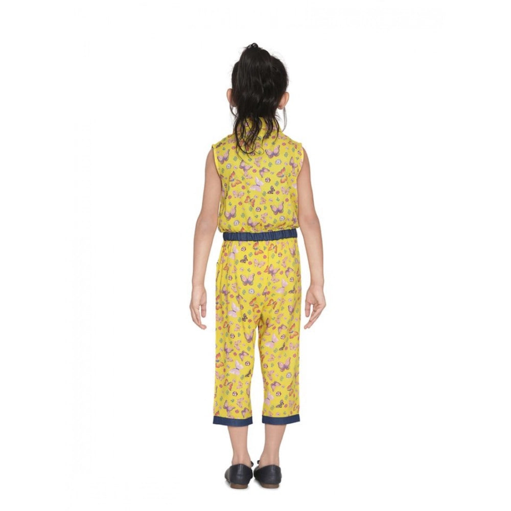 HamariDookan Girl's Cotton Printed Sleeveless Jumpsuit (Yellow)