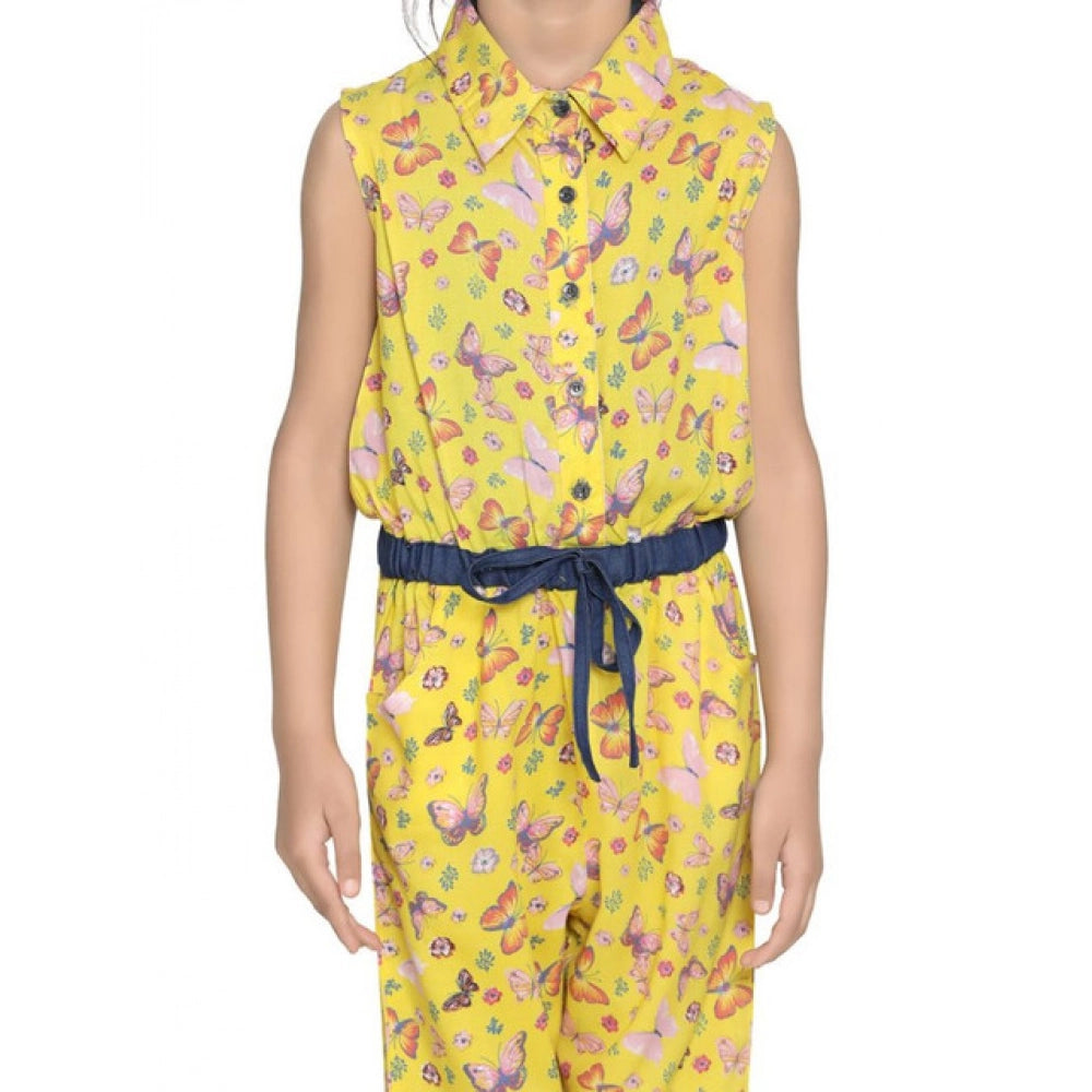 HamariDookan Girl's Cotton Printed Sleeveless Jumpsuit (Yellow)