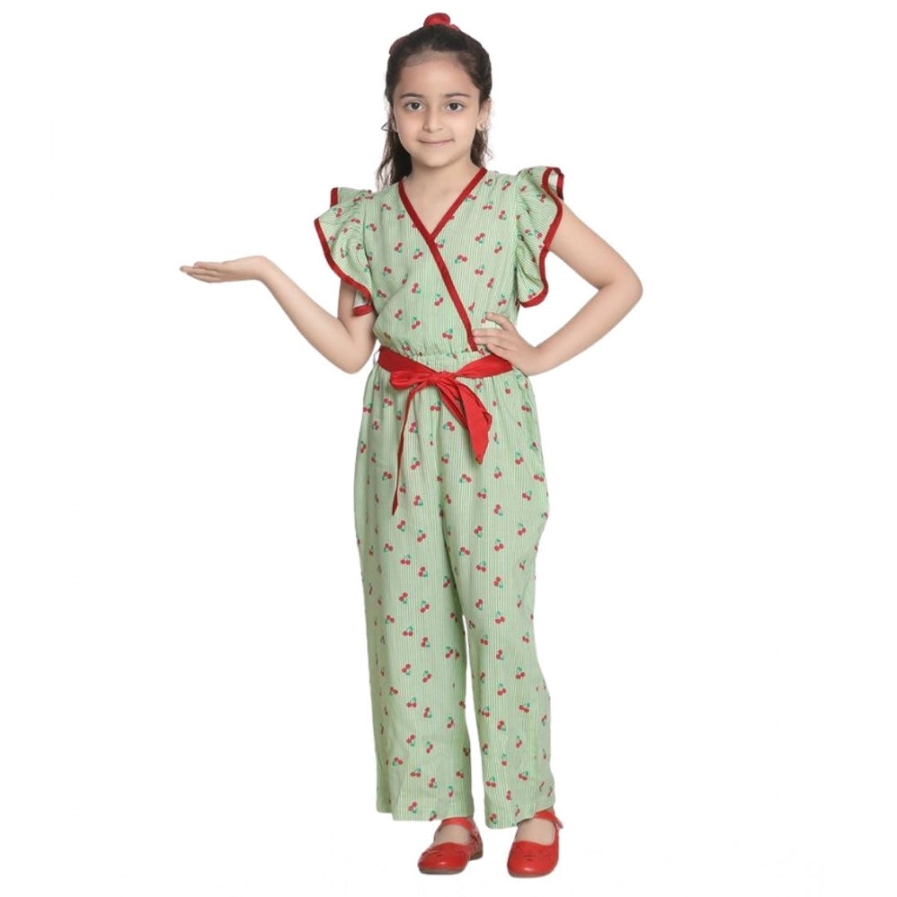 HamariDookan Girl's Rayon Printed Flutter Jumpsuit (Green)