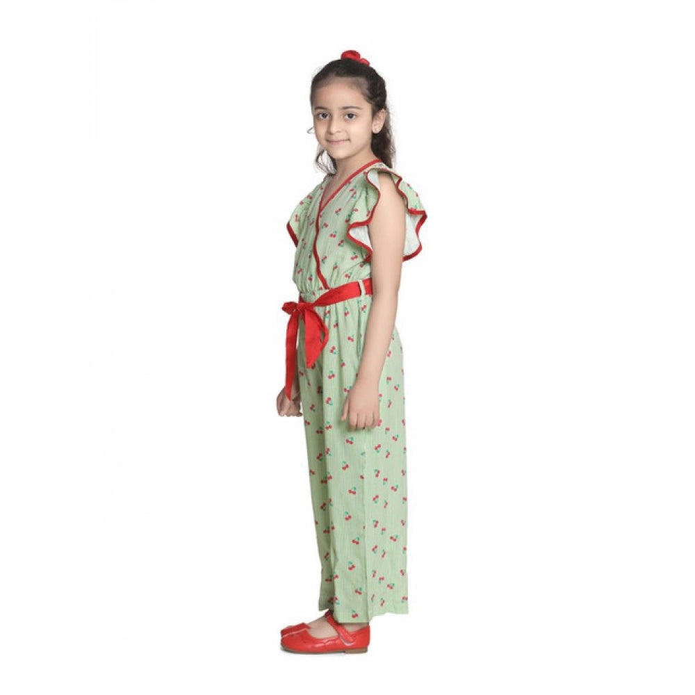 HamariDookan Girl's Rayon Printed Flutter Jumpsuit (Green)