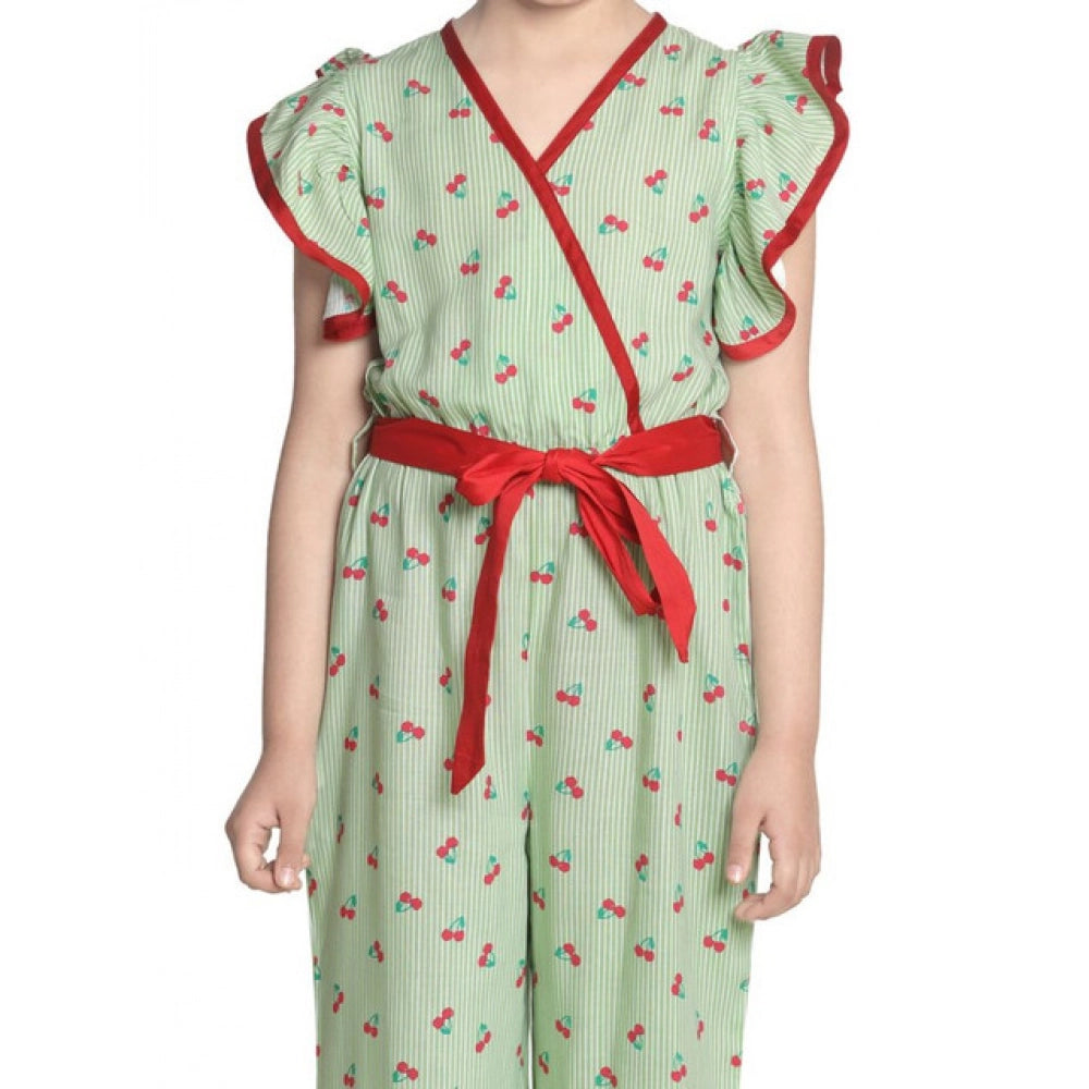 HamariDookan Girl's Rayon Printed Flutter Jumpsuit (Green)