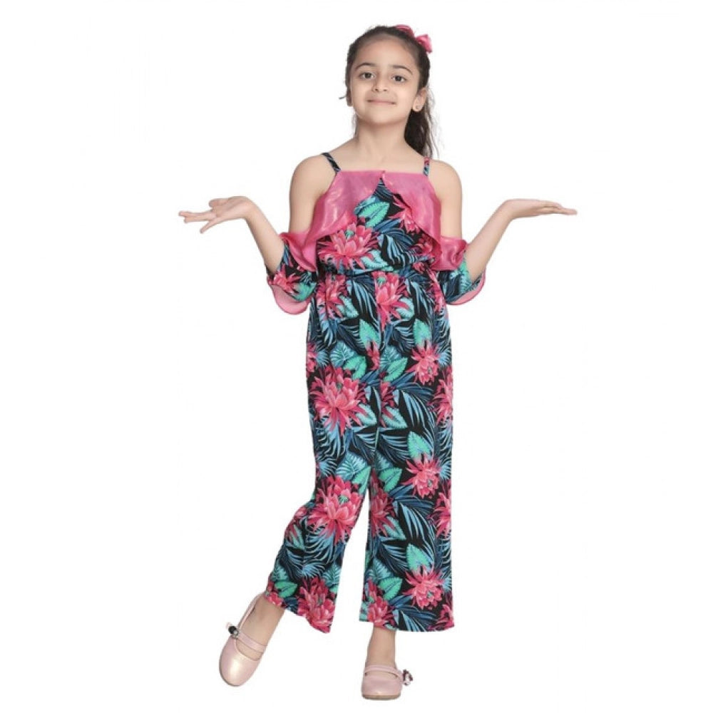 HamariDookan Girl's Polyester Floral Cold Shoulder Jumpsuit (Pink)