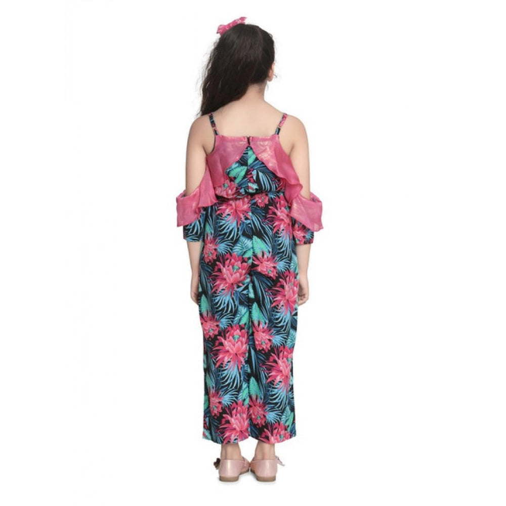 HamariDookan Girl's Polyester Floral Cold Shoulder Jumpsuit (Pink)