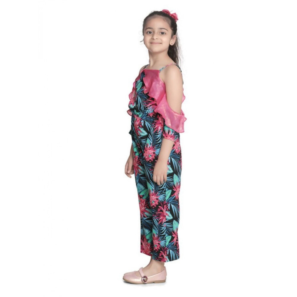 HamariDookan Girl's Polyester Floral Cold Shoulder Jumpsuit (Pink)
