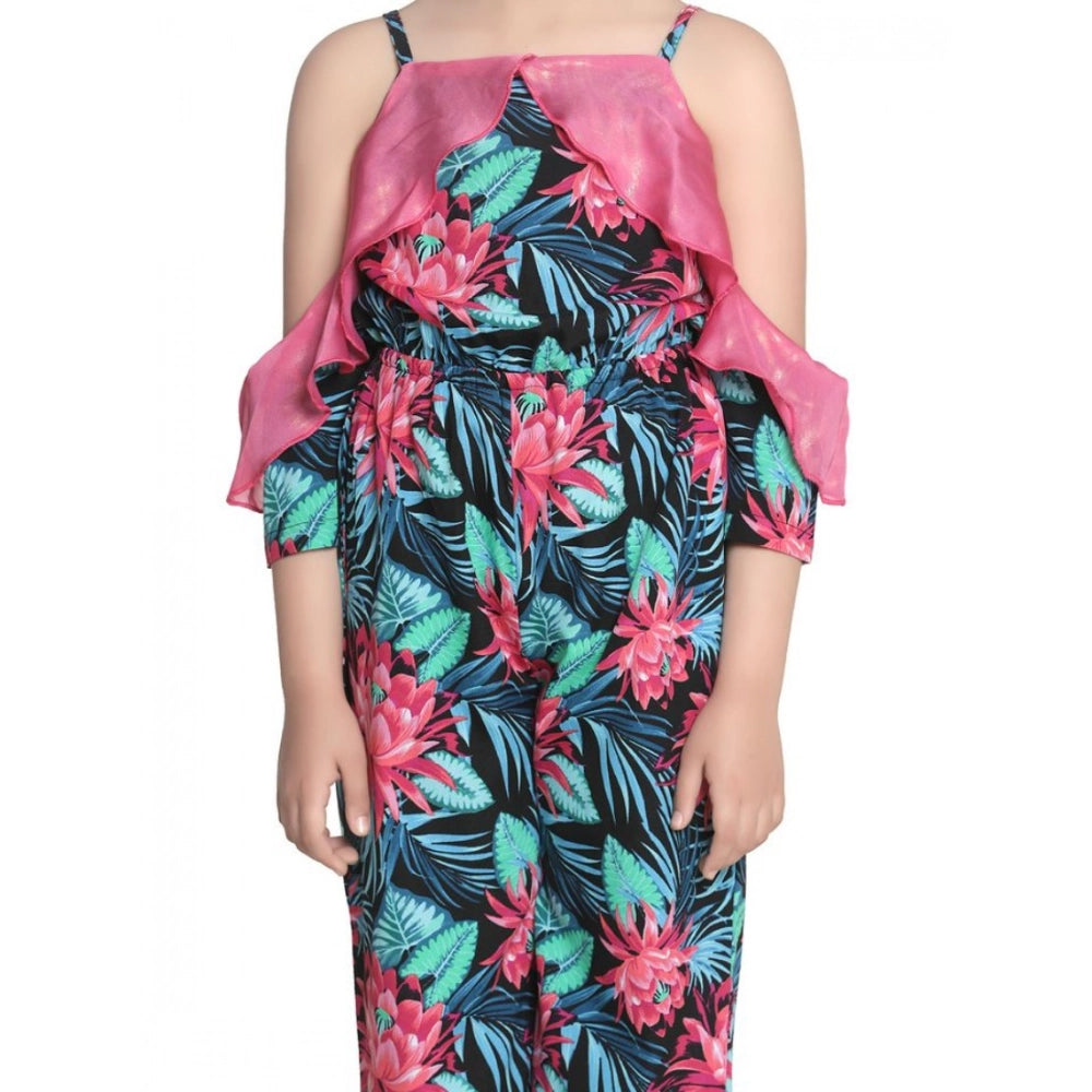 HamariDookan Girl's Polyester Floral Cold Shoulder Jumpsuit (Pink)