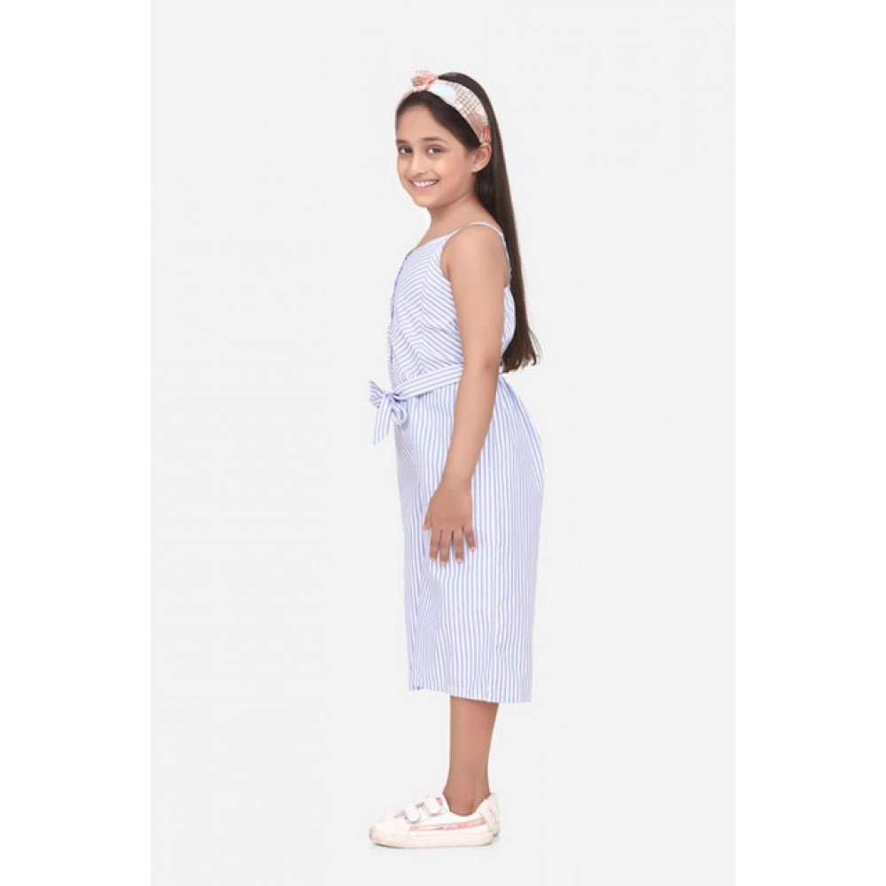 HamariDookan Girl's Polyester Cotton Blend Striped Sleeveless Jumpsuit (Light Blue)
