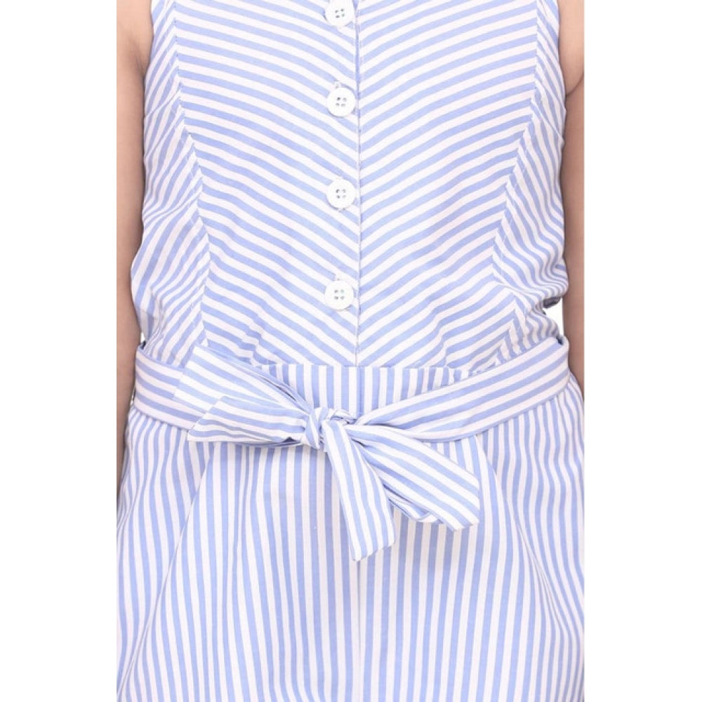 HamariDookan Girl's Polyester Cotton Blend Striped Sleeveless Jumpsuit (Light Blue)