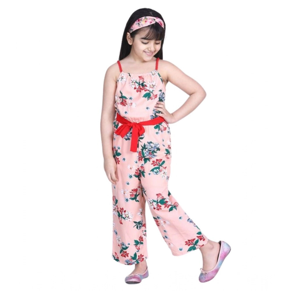 HamariDookan Girl's Polyester Crepe Floral Shoulder Straps Jumpsuit (Peach-Red)