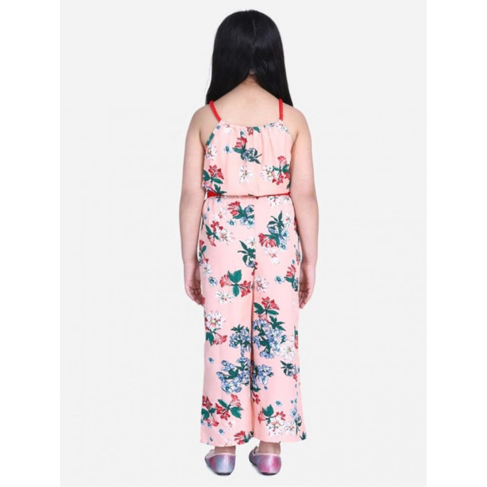 HamariDookan Girl's Polyester Crepe Floral Shoulder Straps Jumpsuit (Peach-Red)