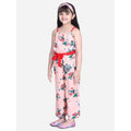 HamariDookan Girl's Polyester Crepe Floral Shoulder Straps Jumpsuit (Peach-Red)