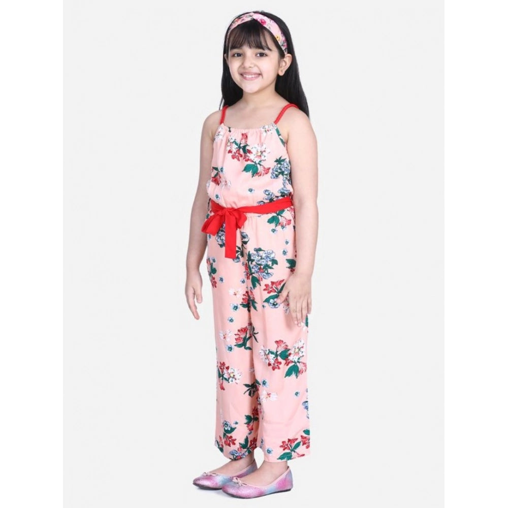 HamariDookan Girl's Polyester Crepe Floral Shoulder Straps Jumpsuit (Peach-Red)