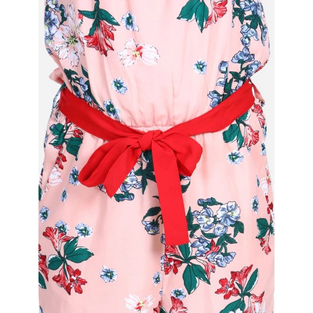 HamariDookan Girl's Polyester Crepe Floral Shoulder Straps Jumpsuit (Peach-Red)