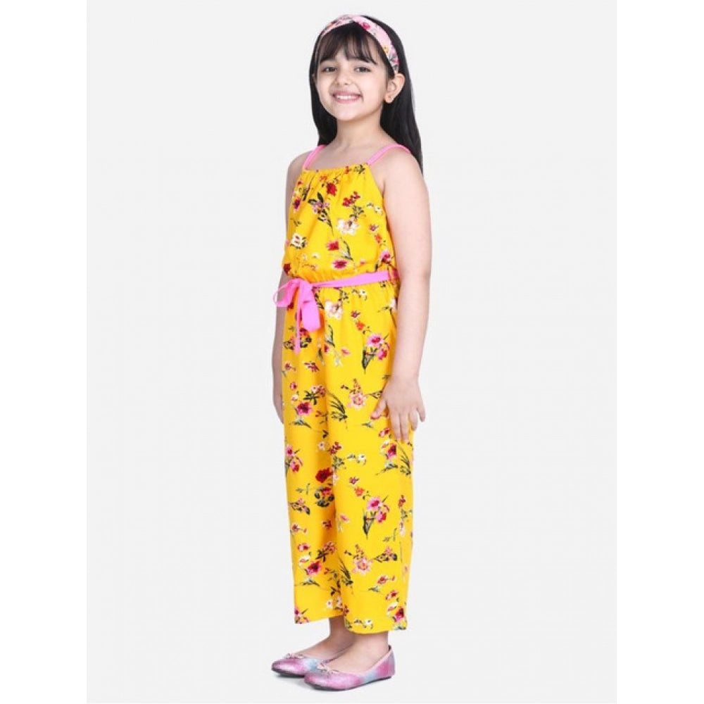 HamariDookan Girl's Polyester Crepe Floral Shoulder Straps Jumpsuit (Yellow-Pink)