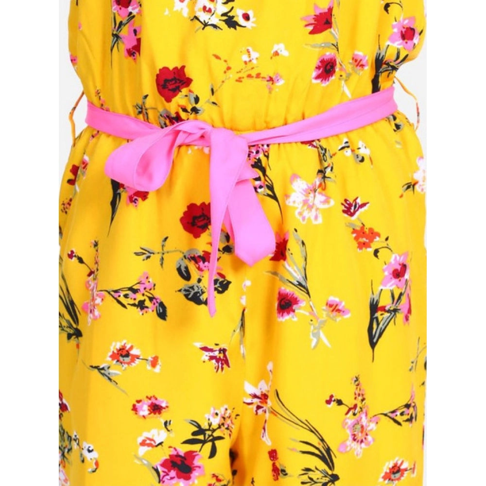 HamariDookan Girl's Polyester Crepe Floral Shoulder Straps Jumpsuit (Yellow-Pink)