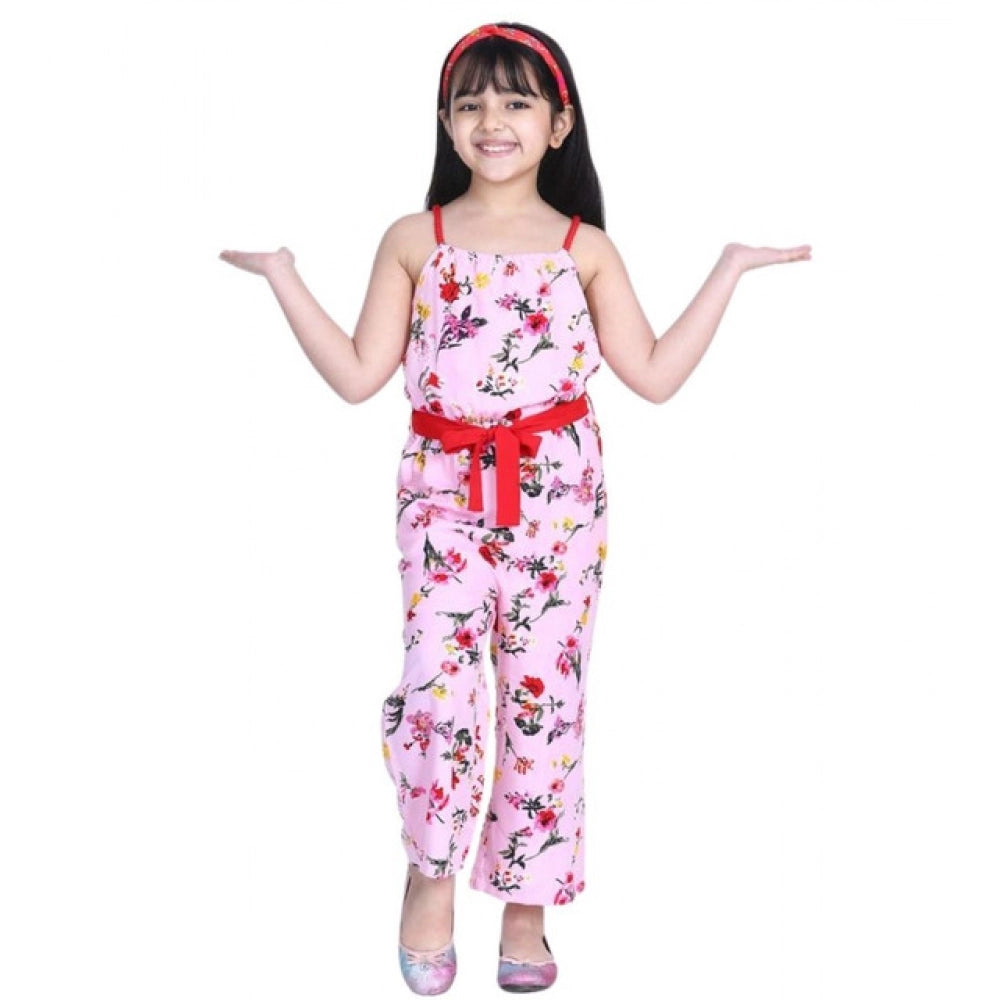 HamariDookan Girl's Polyester Crepe Floral Shoulder Straps Jumpsuit (Pink-Red)