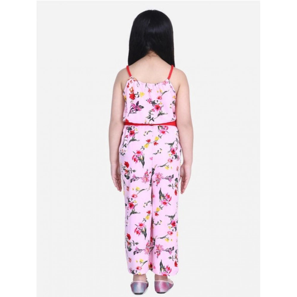 HamariDookan Girl's Polyester Crepe Floral Shoulder Straps Jumpsuit (Pink-Red)