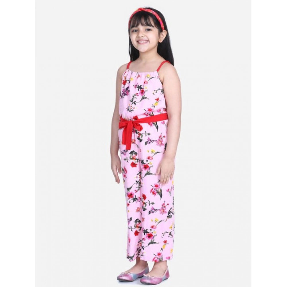 HamariDookan Girl's Polyester Crepe Floral Shoulder Straps Jumpsuit (Pink-Red)