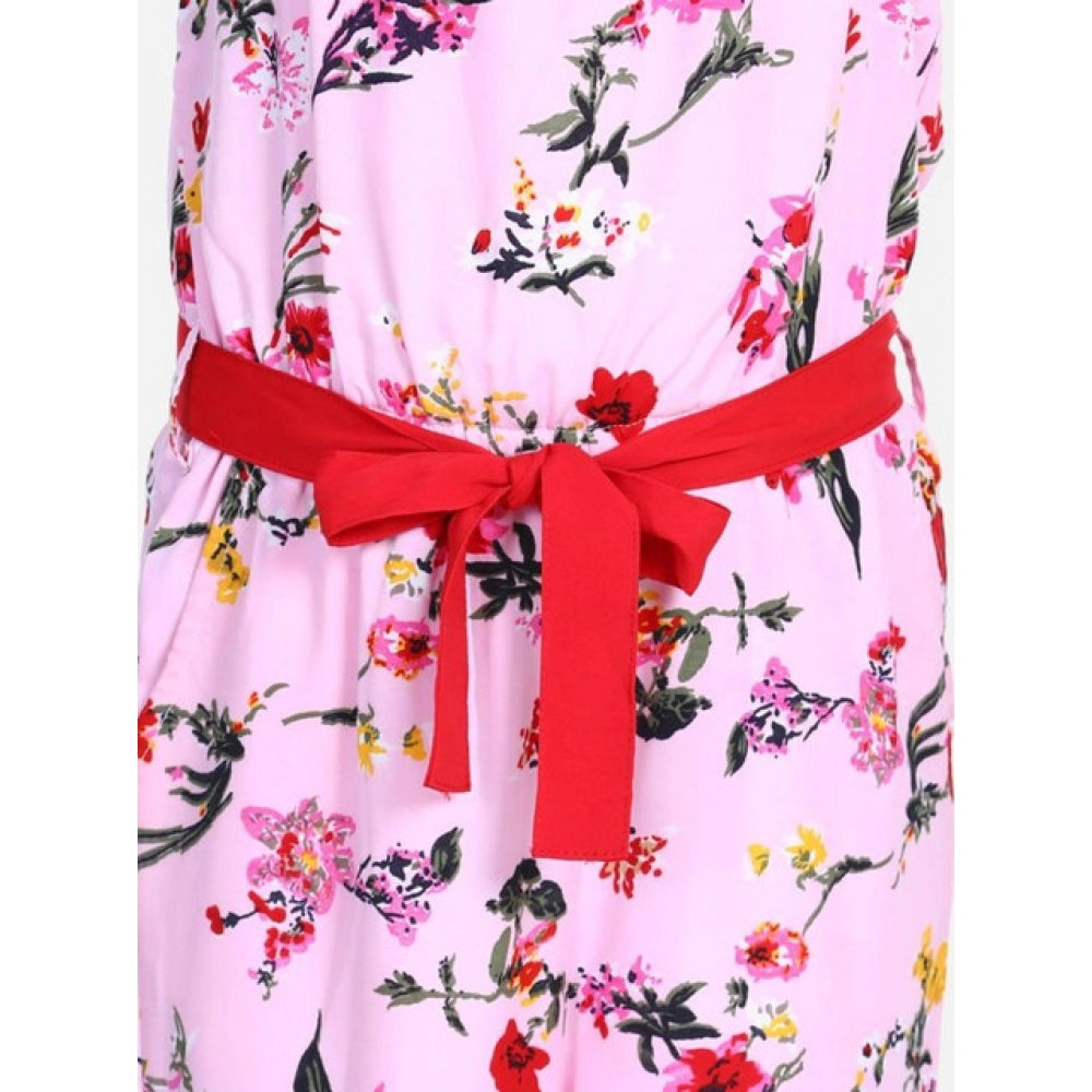 HamariDookan Girl's Polyester Crepe Floral Shoulder Straps Jumpsuit (Pink-Red)