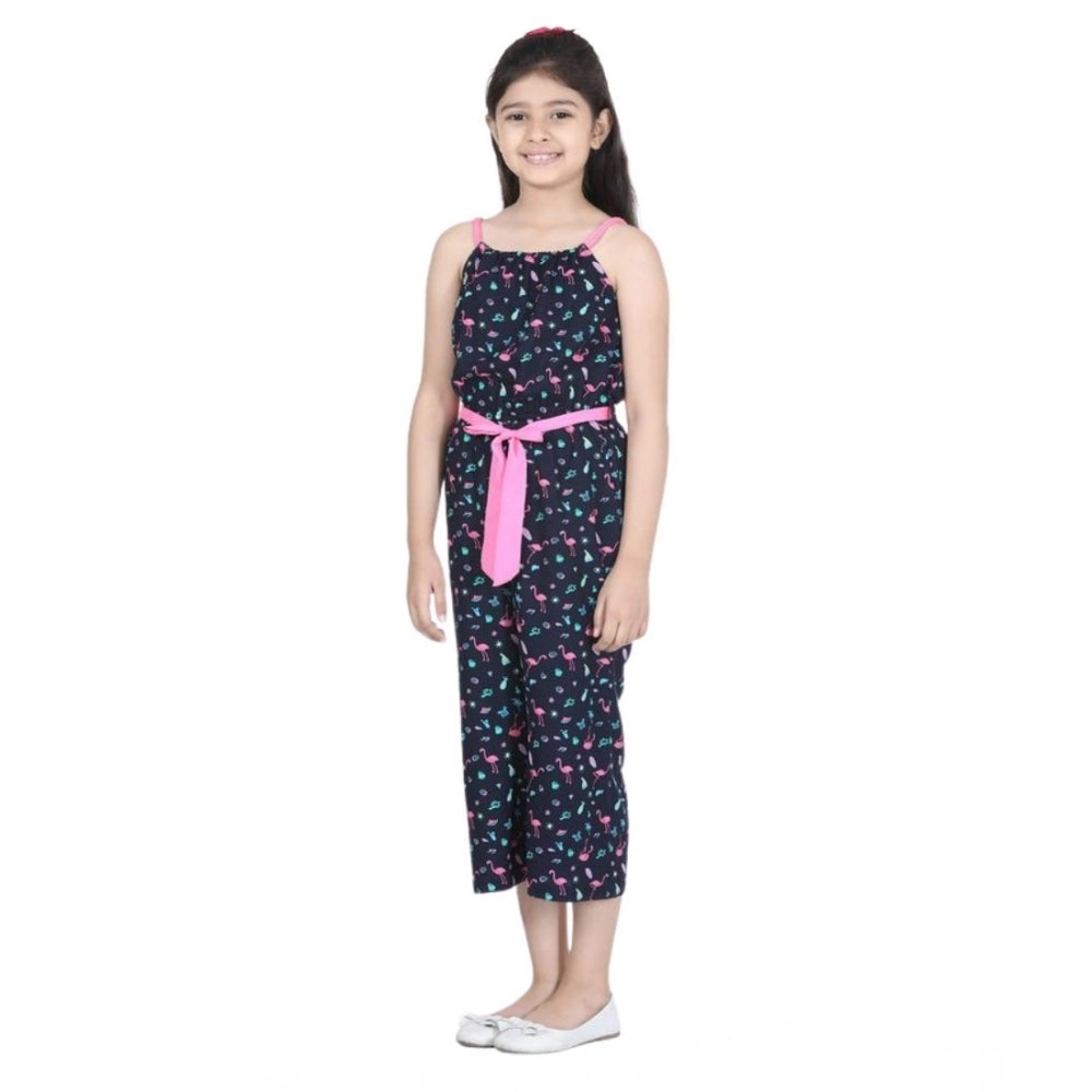 HamariDookan Girl's Rayon Flamingo Print Sleeveless Jumpsuit (Black-Pink)