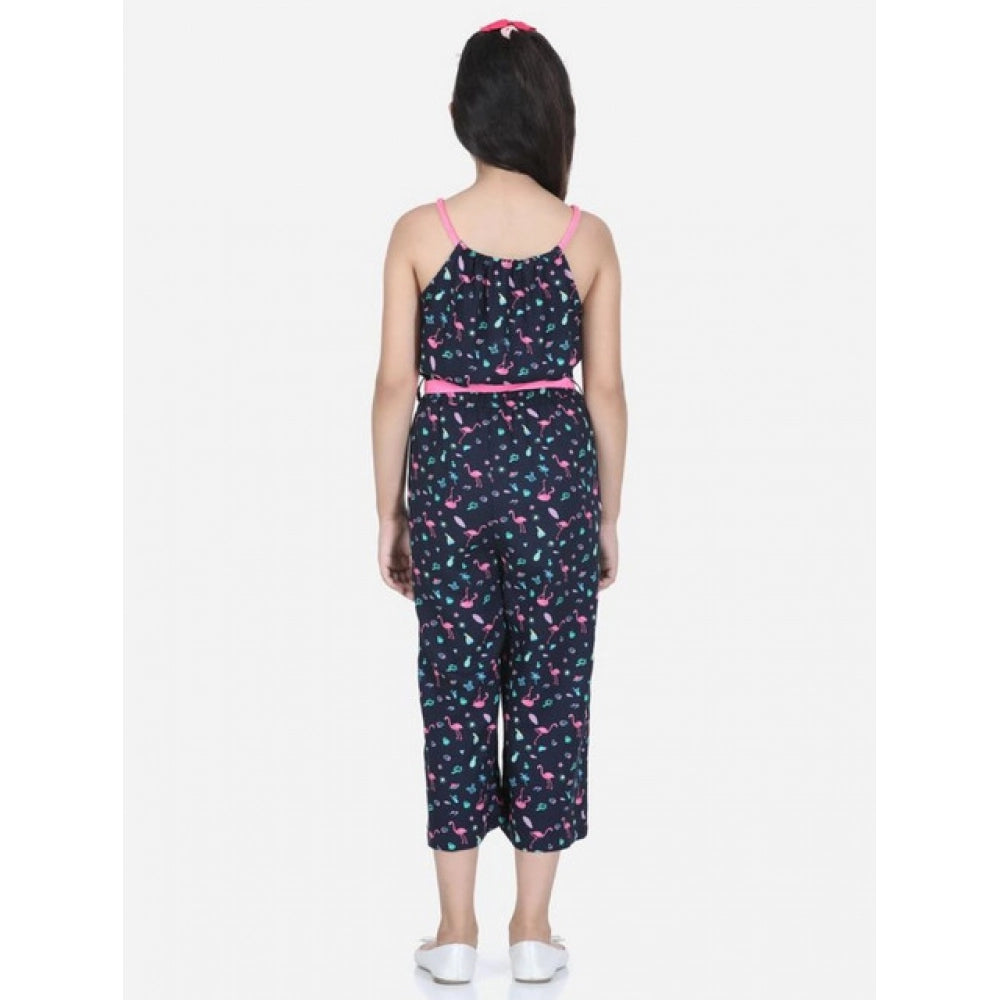 HamariDookan Girl's Rayon Flamingo Print Sleeveless Jumpsuit (Black-Pink)