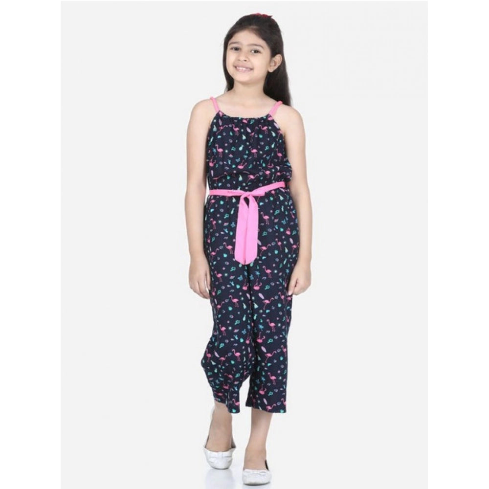HamariDookan Girl's Rayon Flamingo Print Sleeveless Jumpsuit (Black-Pink)