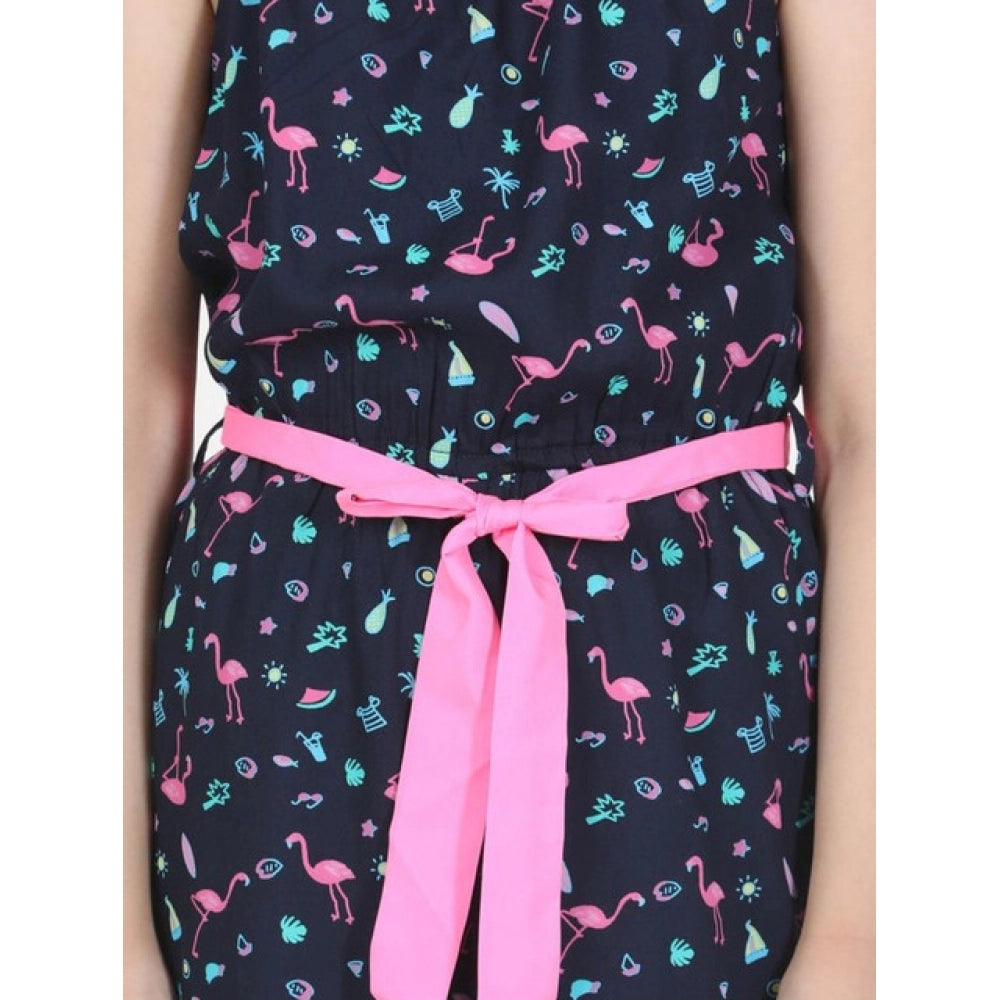 HamariDookan Girl's Rayon Flamingo Print Sleeveless Jumpsuit (Black-Pink)