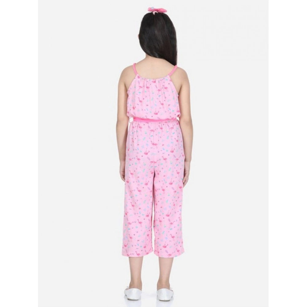HamariDookan Girl's Rayon Flamingo Print Sleeveless Jumpsuit (Pink)