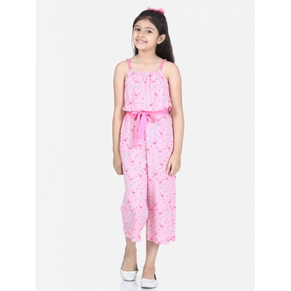 HamariDookan Girl's Rayon Flamingo Print Sleeveless Jumpsuit (Pink)