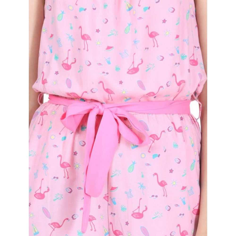 HamariDookan Girl's Rayon Flamingo Print Sleeveless Jumpsuit (Pink)