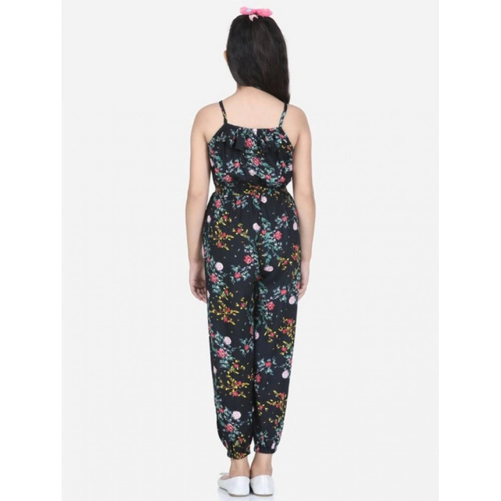 HamariDookan Girl's Rayon Flamingo Print Sleeveless Jumpsuit (Black-Multicolor)