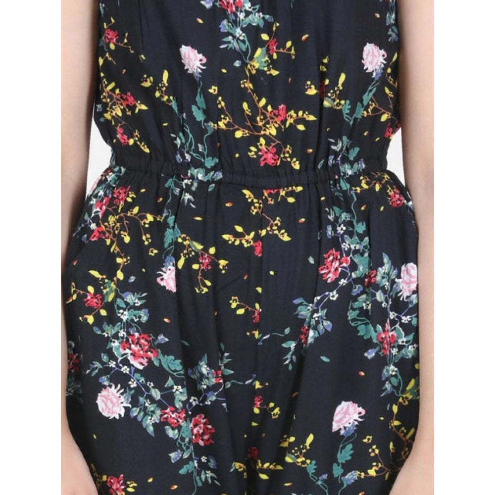 HamariDookan Girl's Rayon Flamingo Print Sleeveless Jumpsuit (Black-Multicolor)