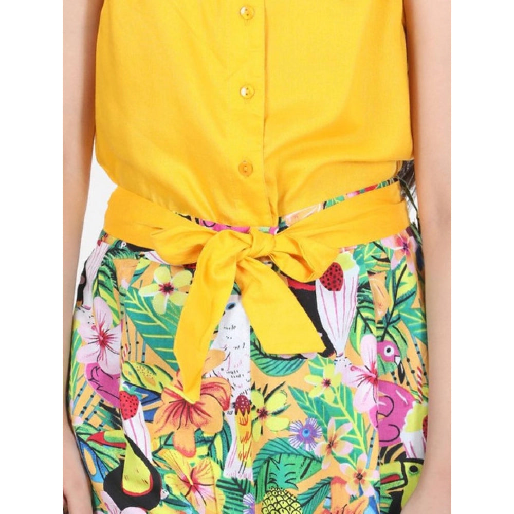 HamariDookan Girl's Rayon Flamingo Print Sleeveless Jumpsuit (Yellow-Multicolor)