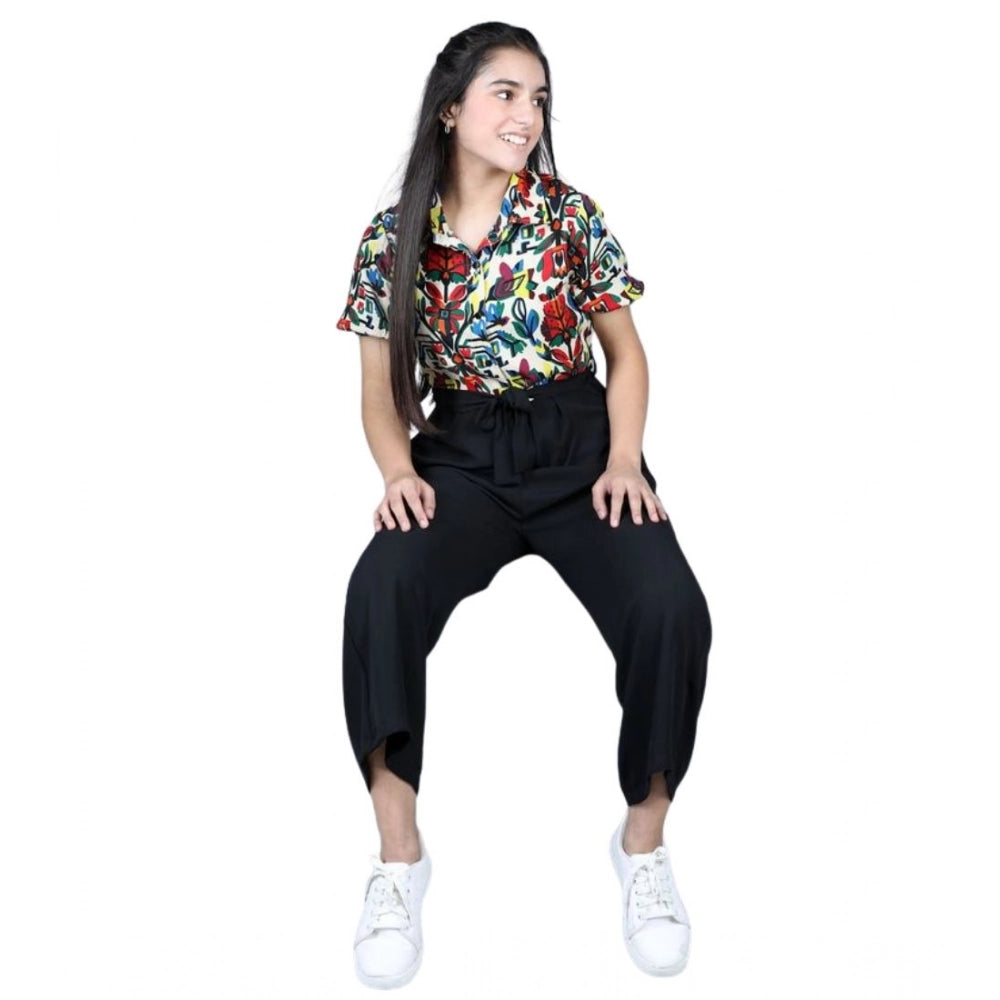 HamariDookan Girl's Polyester Printed Short Sleeves Jumpsuit (Multicolor-Black)