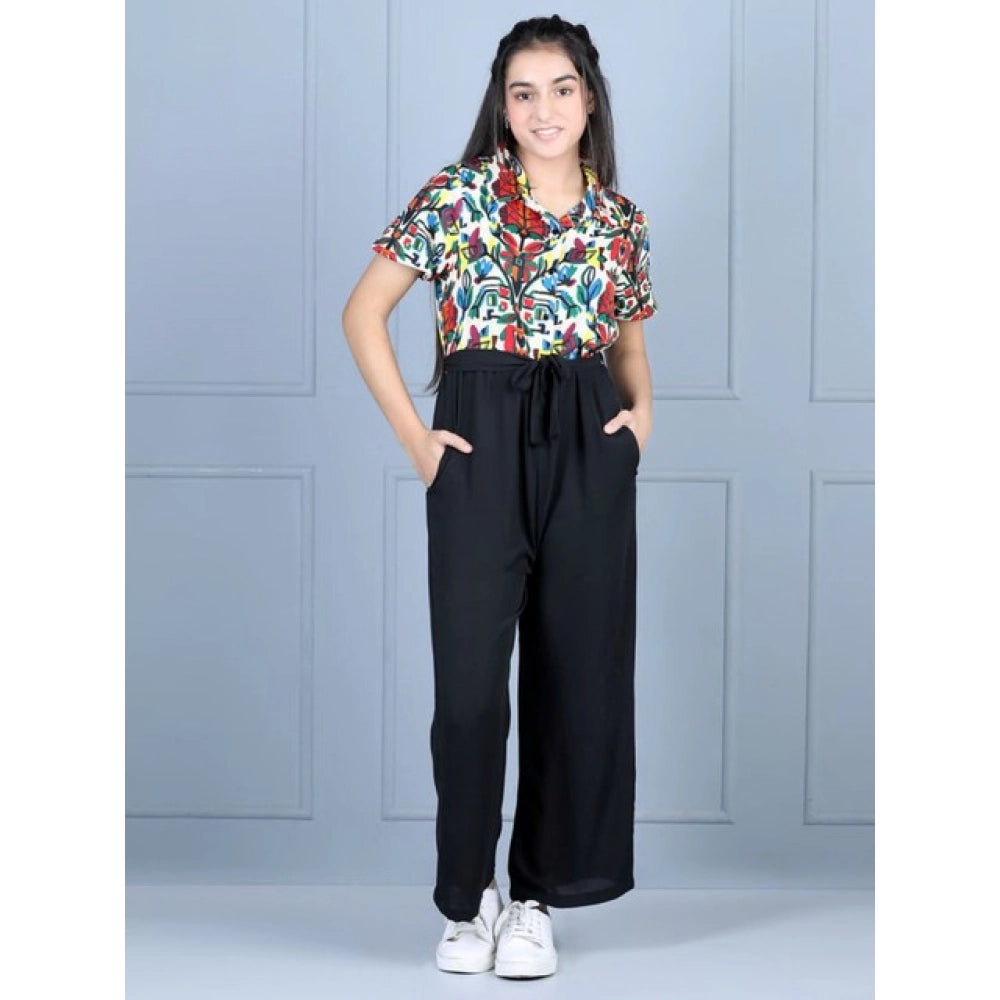 HamariDookan Girl's Polyester Printed Short Sleeves Jumpsuit (Multicolor-Black)