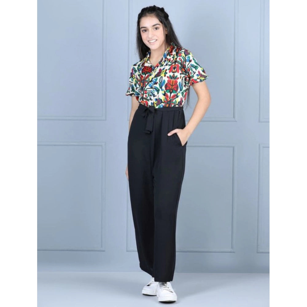 HamariDookan Girl's Polyester Printed Short Sleeves Jumpsuit (Multicolor-Black)
