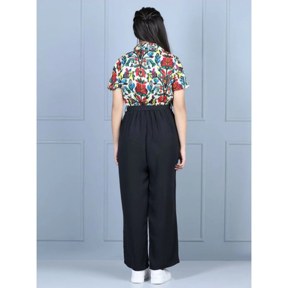 HamariDookan Girl's Polyester Printed Short Sleeves Jumpsuit (Multicolor-Black)